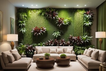 Obraz premium A modern living room with a comfortable sofa, stylish furniture, and indoor plants, vertical garden, featuring contemporary design and warm lighting
