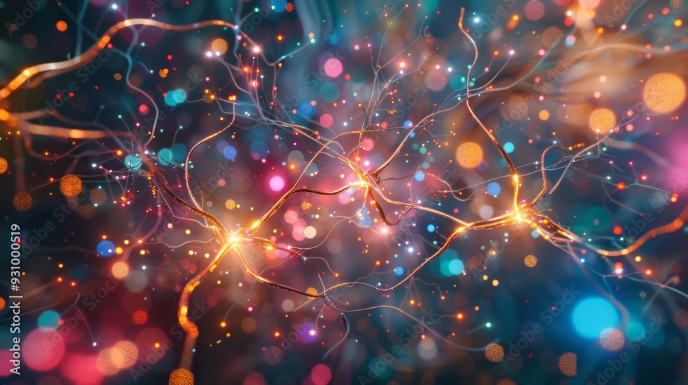 Poster Abstract 3D animation of neural network with colorful lights and digital data