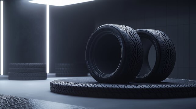 A 3D podium designed for showcasing car tires, with tire treads and rubber details subtly integrated into the scene