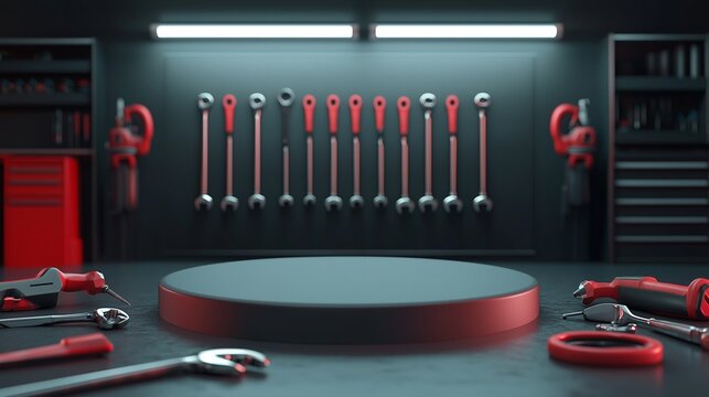 An empty 3D podium with car repair tools such as wrenches and screwdrivers arranged neatly around it, on a clean garage background