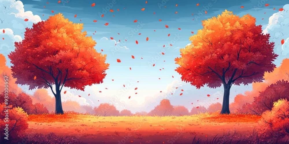 Wall mural autumn forest illustration with falling leaves and two trees