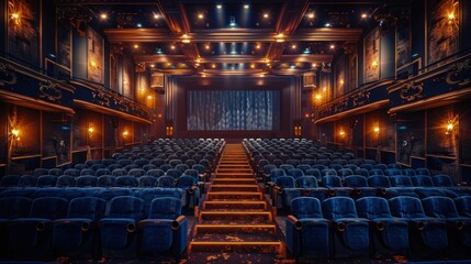 Elegantly designed auditorium with navy blue velvet chairs, bright lighting, high-end finishes, ambient lighting, luxurious decor.