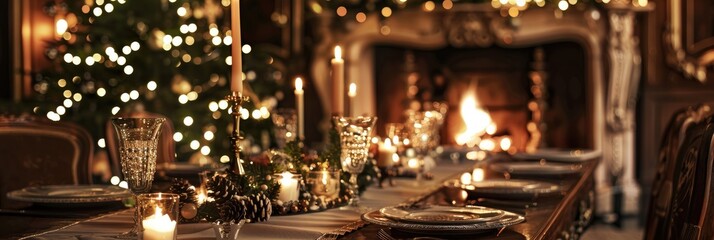 Obraz premium Elegant winter holiday table setting beside a festive Christmas tree with luxurious decorations, creating a cozy candlelit atmosphere.