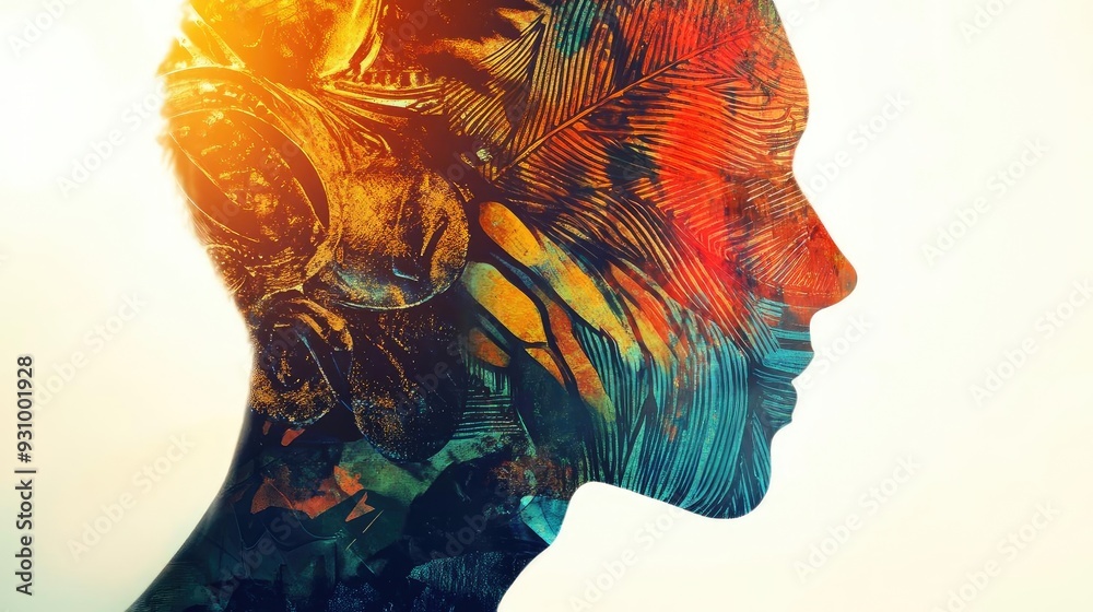 Aufkleber an artistic silhouette blending vibrant colors and nature, representing creativity and self-expressi