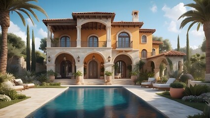 Obraz premium Architectural exterior design of a luxury Mediterranean villa with a crystal clear swimming pool filled with water, front elevatio 