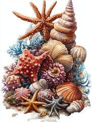 Obraz premium Watercolor Still Life of Seashells and Starfish