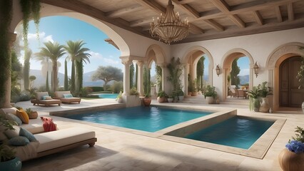 Architectural exterior design of a luxury Mediterranean villa with a crystal clear swimming pool filled with water, front elevatio 