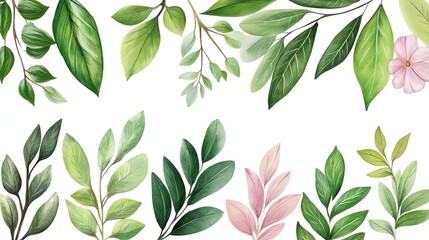 A vibrant collection of hand-painted leaves illustrating various shapes and sizes on a white background, perfect for nature themes.