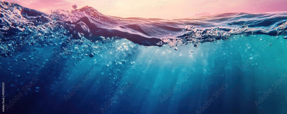 Poster a serene underwater scene showcasing vibrant blue waves illuminated by soft sunlight, creating a tra