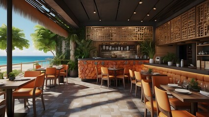 Obraz premium Exterior design of a modern restaurant with chairs and tables, full brown color dark theme, real estate restaurant outdoor setup 