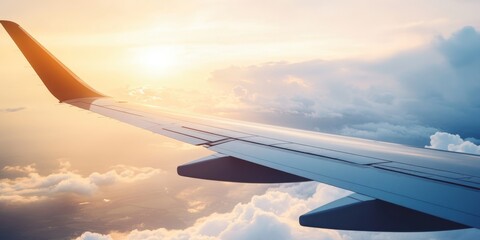 Obraz premium a plane's wing against a sunrise sky, symbolizing the beginning of an international journey