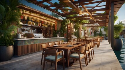 Exterior design of a modern restaurant with chairs and tables, full brown color dark theme, real estate restaurant outdoor setup 