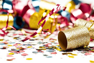 Festive celebration scene with colorful confetti, party streamers, and sparkling noise makers creating a joyful atmosphere.
