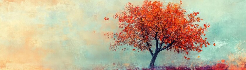 A solitary tree with vibrant orange foliage against a soft, textured background, evoking feelings of peace and artistry.