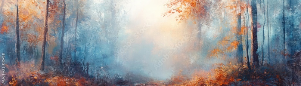 Poster a serene forest scene with vibrant autumn colors and a soft mist creating a magical atmosphere of tr