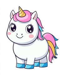 Fototapeta premium Adorable chibistyle fat unicorn illustration with a cute expression on a clean white background, perfect for any collection.