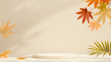 A white round podium with a beige background and autumn leaves falling around it.