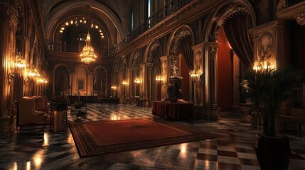 Fototapeta premium A grand, opulent interior with ornate architecture, chandeliers, and a red carpet.