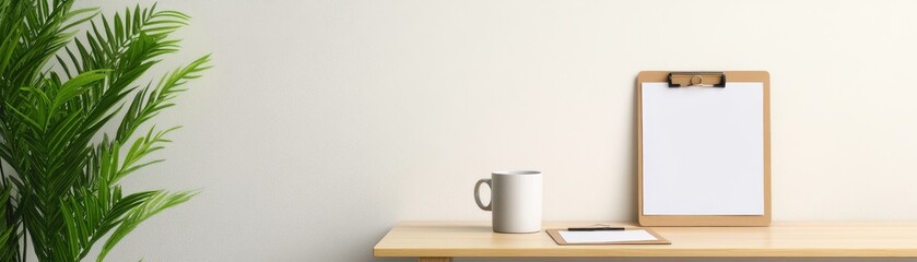 Obraz premium A minimalist workspace featuring a wooden desk, a mug, a clipboard, and a potted plant, ideal for creativity and productivity.