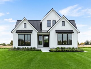 A modern farmhouse showcasing stylish architecture and lush green lawn under a clear blue sky.