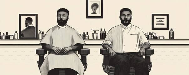 A modern barber shop scene featuring two men in chairs, set against a minimalist background with grooming supplies.