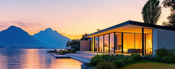 Wandcirkels Foto's A modern house at sunset by the lake, showcasing stunning architecture and beautiful mountains in the background.  © Mnt