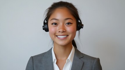 Professional customer service representative, with a bright smile on his face and wearing headphones. A super realistic studio portrait that highlights professionalism and approachability.