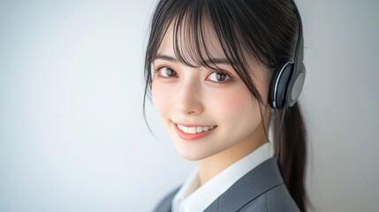Professional customer service representative, with a bright smile on his face and wearing headphones. A super realistic studio portrait that highlights professionalism and approachability.