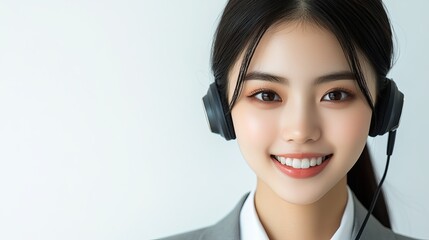 Professional customer service representative, with a bright smile on his face and wearing headphones. A super realistic studio portrait that highlights professionalism and approachability.