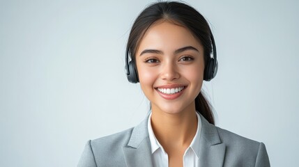 Professional customer service representative, with a bright smile on his face and wearing headphones. A super realistic studio portrait that highlights professionalism and approachability.