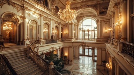 Obraz premium A grand staircase with ornate details, a chandelier, and a large window in a luxurious mansion.