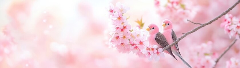 A serene scene of two birds perched among beautiful pink blossoms, symbolizing love and tranquility in nature.