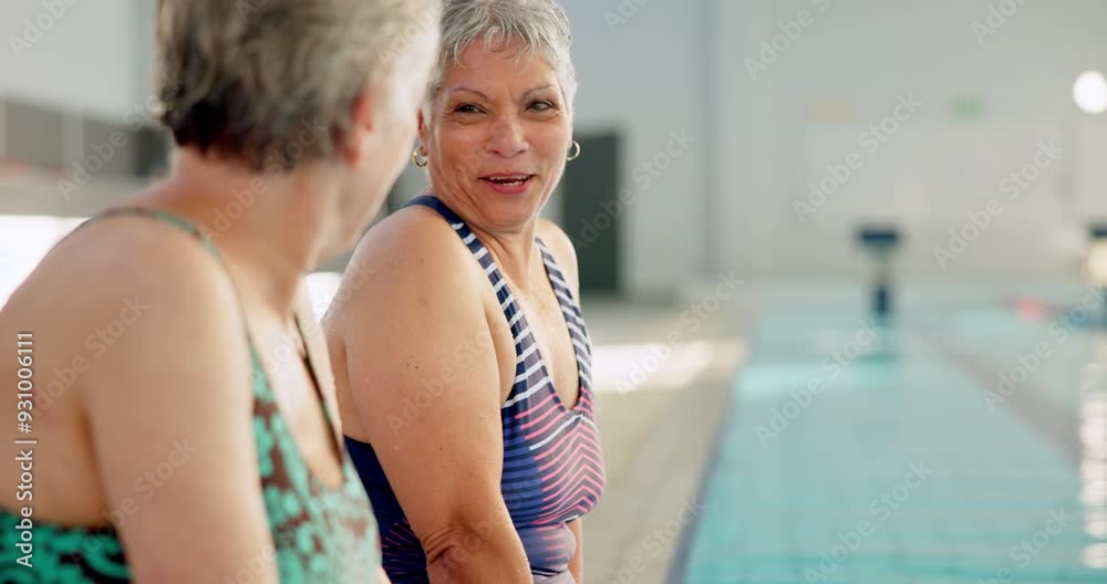 Wall mural Pool, swimming and senior people, friends and happy for learning in class of fitness with conversation. Workout, healthy and exercise of old women in retirement, cardio and listen in water and talk