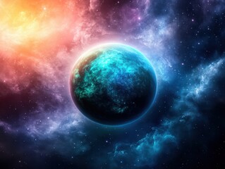 Fototapeta premium A stunning cosmic scene featuring a vibrant planet amidst colorful cosmic clouds and a starry backdrop, ideal for space enthusiasts.