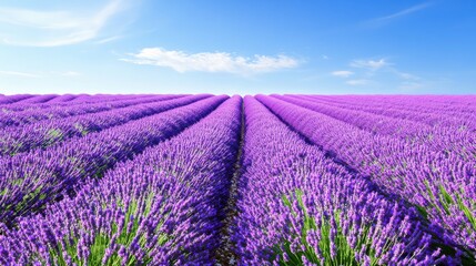 Naklejka premium A stunning lavender field showcasing vibrant purple blooms under a clear blue sky, capturing the essence of natural beauty.