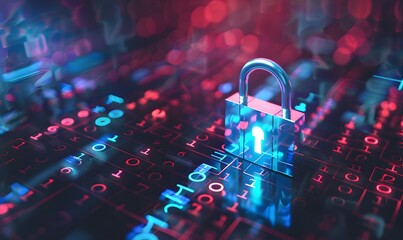 Cybersecurity and data privacy protection concept, lock, binary digits background.