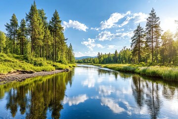 Serene river landscape reflecting trees and sky, perfect for nature themes and tranquil settings in photography.