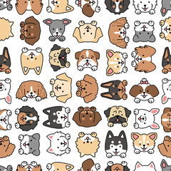 Obraz premium Seamless pattern dogs puppies pet cute kawaii style illustration drawing head shot face collection dog breed - terrier, miniature schnauzer, poodle, husky, pug, spaniel, golden retriever, doberman