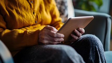 Elderly person using a digital tablet at a cozy and comfortable home interior blending traditional and modern elements to stay connected
