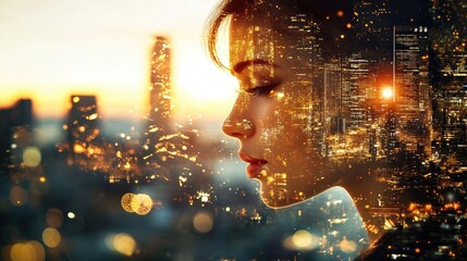 A serene profile of a woman against a stunning cityscape, blending urban life and beauty during sunset for a dreamy mood.