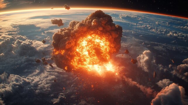 A massive irregular meteorite exploded violently in the Earth's atmosphere, captured from a bird's-eye view above the clouds. Highlighting the primitive power and unpredictability of space phenomena.