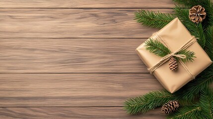 Minimalist boho Christmas gifts, natural wrapping, wooden background, 3D illustration