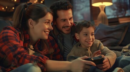A happy family of three plays video games together on a cozy evening at home. The parents are smiling and looking at their son, who is holding a game controller.