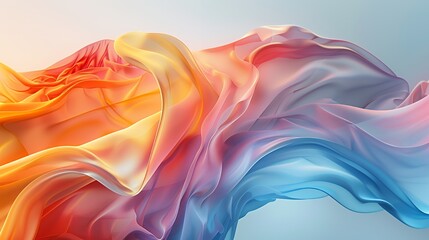 Fototapeta premium Elegant flowing silk fabric with colorful gradient folds floats gracefully against a soft blue background.