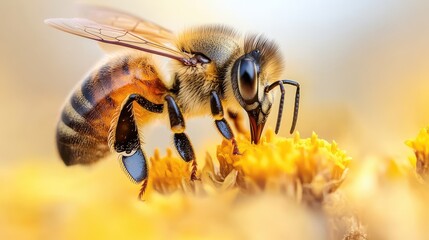 Fototapeta premium Close-up of a bee collecting nectar from a flower, showcasing the beauty of nature and pollination.