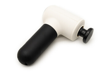 Modern massage gun for therapeutic muscle relaxation. percussion massager on a white background. portable massager gun on a white background.