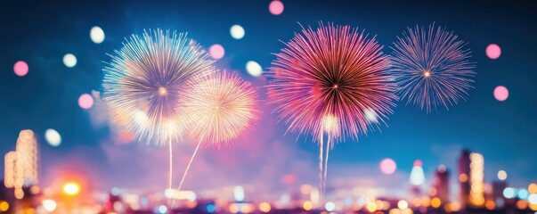 Fototapeta premium Colorful fireworks illuminate the night sky, creating a festive atmosphere in an urban setting during a celebration.