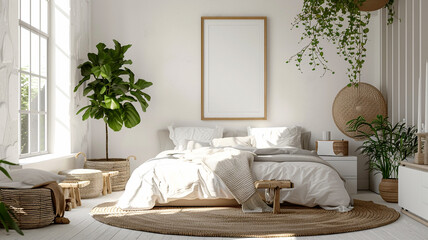 A cozy, modern bedroom with natural light and greenery on a sunny afternoon