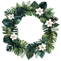 Naklejka premium A beautiful tropical wreath featuring lush green leaves and white flowers, perfect for home decor or event decoration.