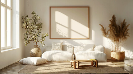Obraz premium Cozy modern living room with natural light and minimalist decor in the afternoon